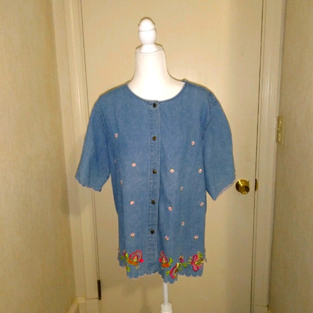 Toffee Apple Denim Embroidered Button Down Shirt